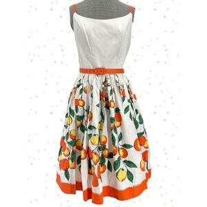 Pinup Couture Jenny Dress Juicy Oranges White Belted Retro Fruit Print Size XL